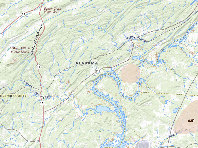 Radar-estimated hail-size map of the storm over Ragland, AL on Jul 5, 2026