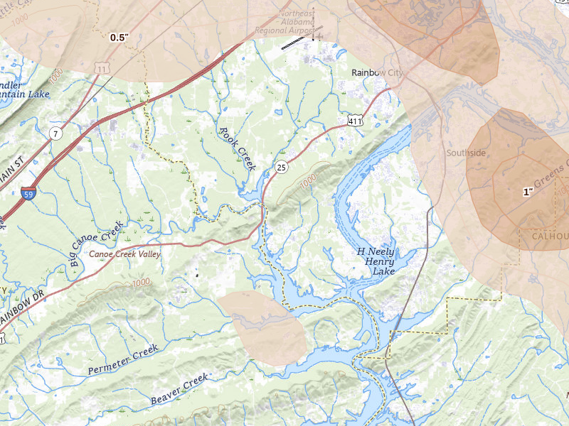 Radar-estimated hail-size map of the storm over Rainbow City, AL on Jun 1, 2026