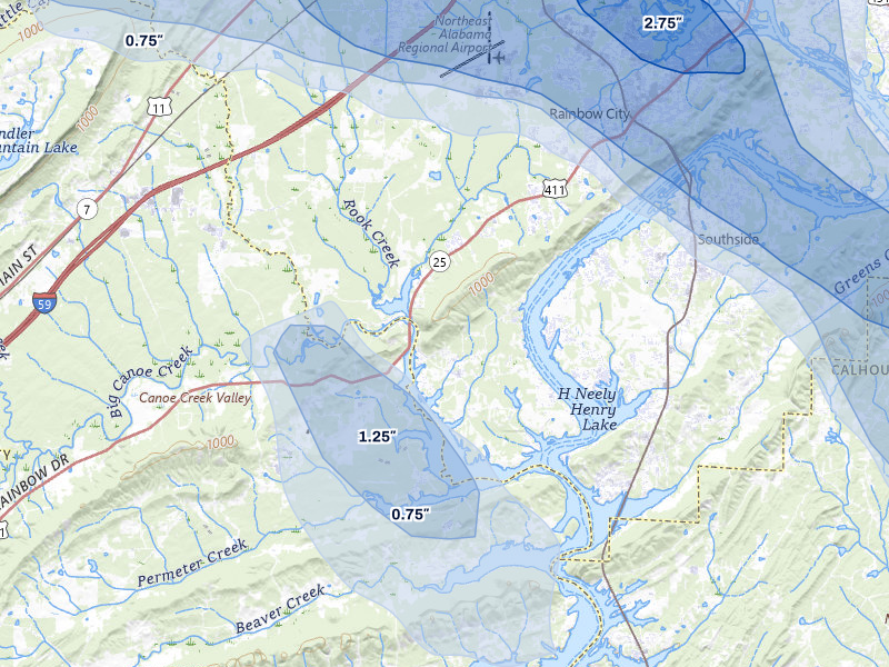 NEXRAD radar-signature map of the hail storm over Rainbow City, AL on Jun 1, 2026