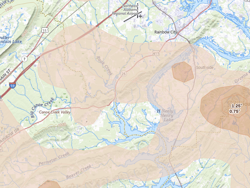 Radar-estimated hail-size map of the storm over Rainbow City, AL on Jul 1, 2026