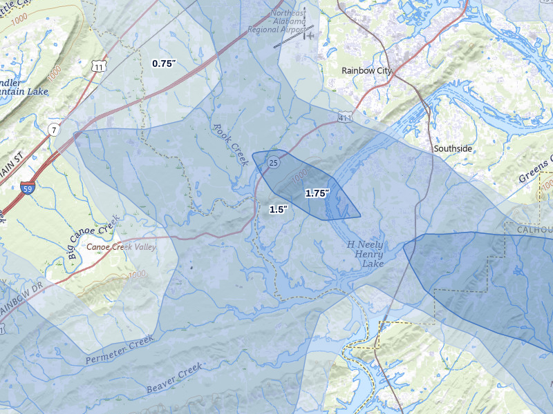 NEXRAD radar-signature map of the hail storm over Rainbow City, AL on Jul 1, 2026