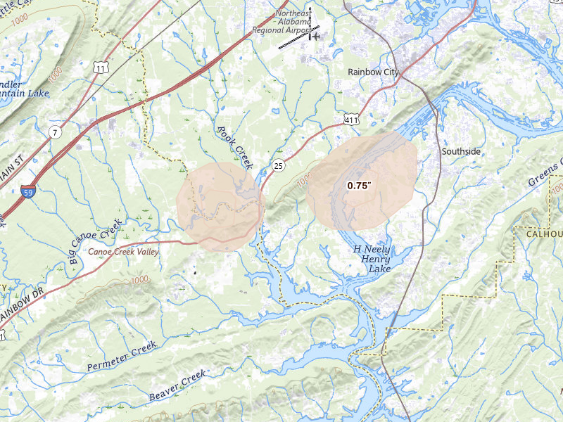 Radar-estimated hail-size map of the storm over Rainbow City, AL on Jul 5, 2026