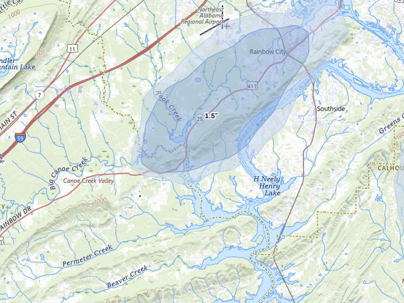 NEXRAD radar-signature map of the hail storm over Rainbow City, AL on Jul 5, 2026