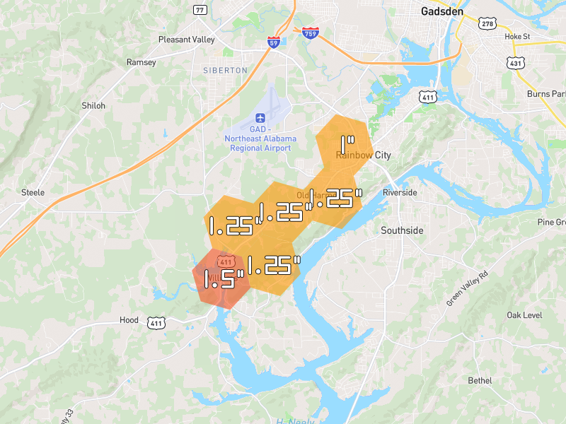 Hail map of Rainbow City, AL on Jul 5, 2026, hail up to 1.5"