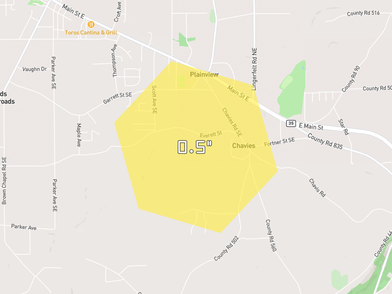 Hail map of Rainsville, AL on Jul 1, 2026, hail up to 0.5"