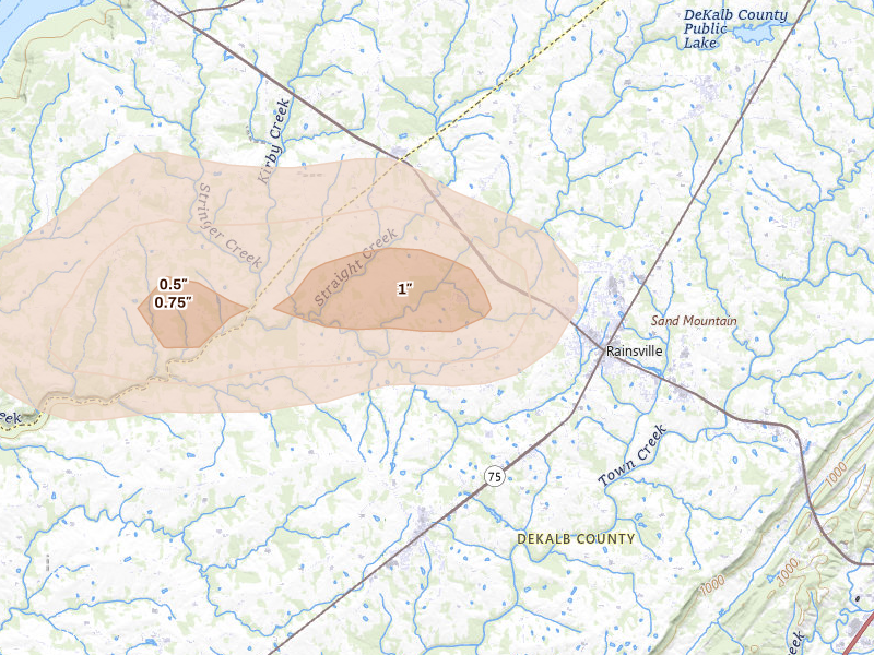 Radar-estimated hail-size map of the storm over Rainsville, AL on Aug 7, 2026