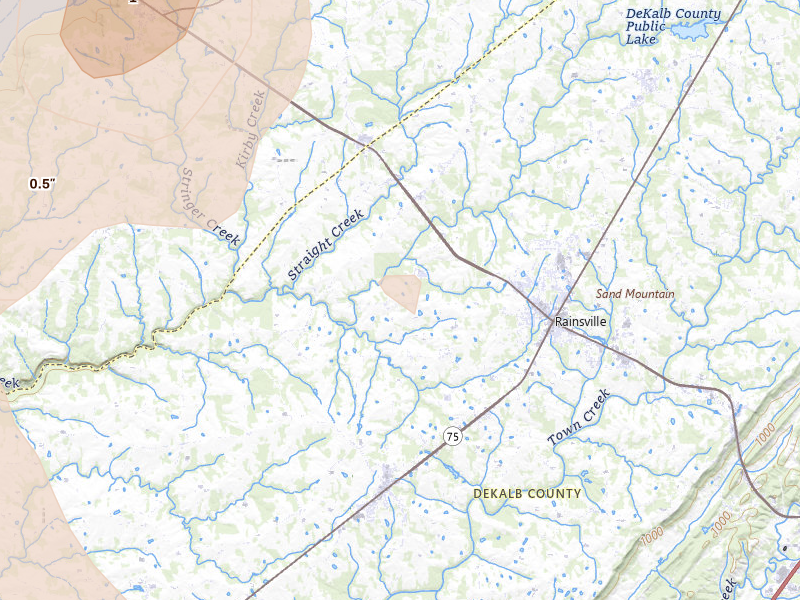 Radar-estimated hail-size map of the storm over Rainsville, AL on Aug 20, 2026