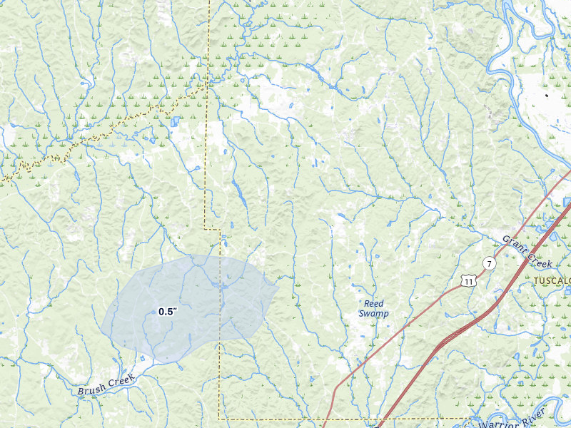 NEXRAD radar-signature map of the hail storm over Ralph, AL on Jul 12, 2026