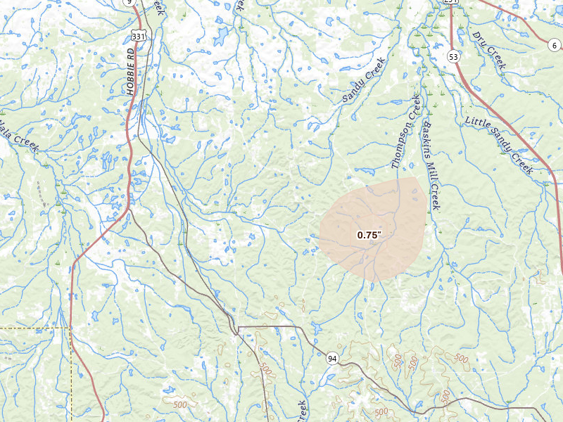 Radar-estimated hail-size map of the storm over Ramer, AL on May 23, 2026