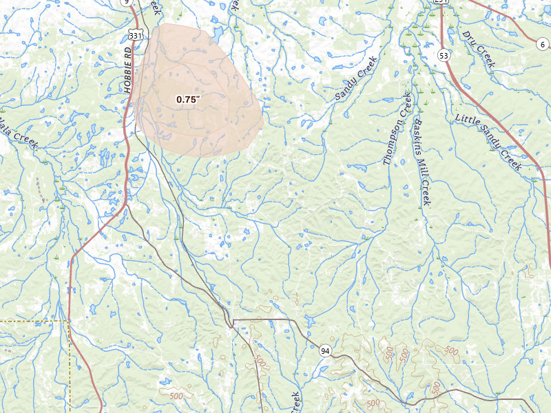 Radar-estimated hail-size map of the storm over Ramer, AL on Jun 1, 2026