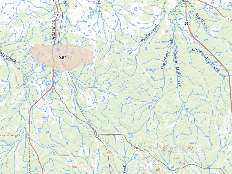 Radar-estimated hail-size map of the storm over Ramer, AL on Jun 30, 2026