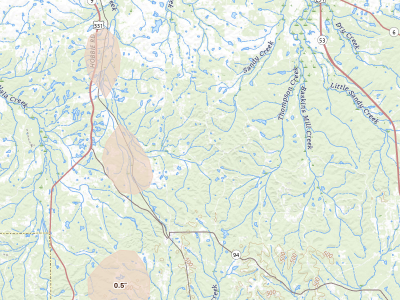 Radar-estimated hail-size map of the storm over Ramer, AL on Jul 18, 2026