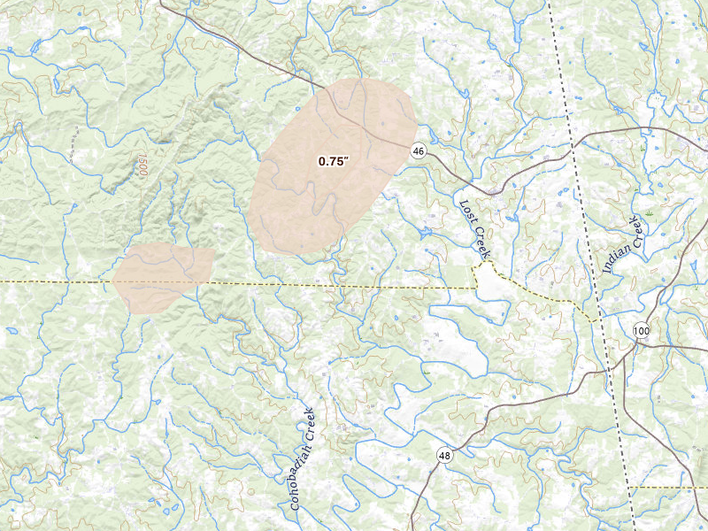 Radar-estimated hail-size map of the storm over Ranburne, AL on Jul 2, 2026