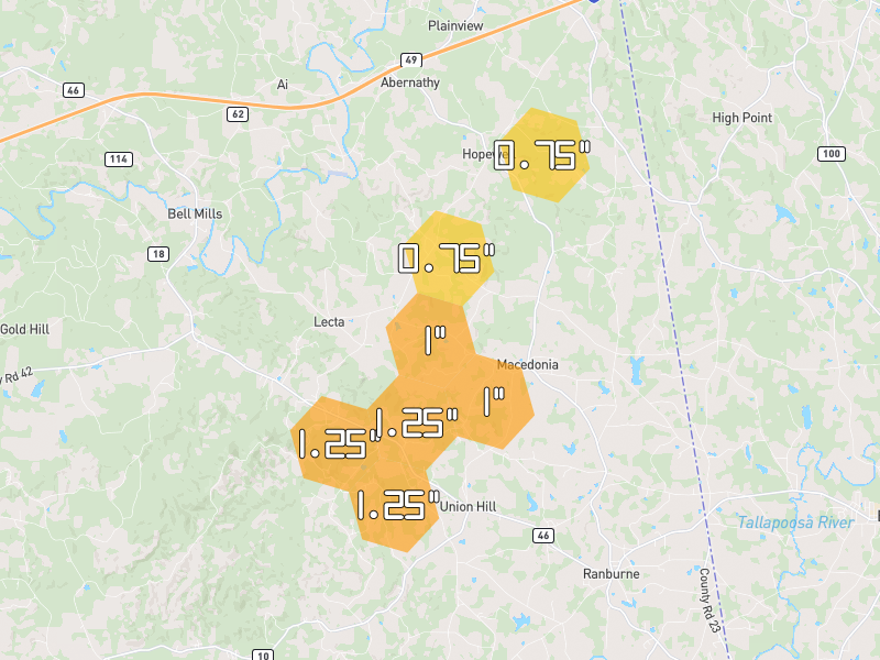 Hail map of Ranburne, AL on Jul 2, 2026, hail up to 1.25"