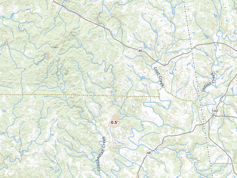Radar-estimated hail-size map of the storm over Ranburne, AL on Aug 20, 2026