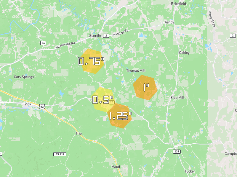 Hail map of Randolph, AL on Jun 1, 2026, hail up to 1.25"