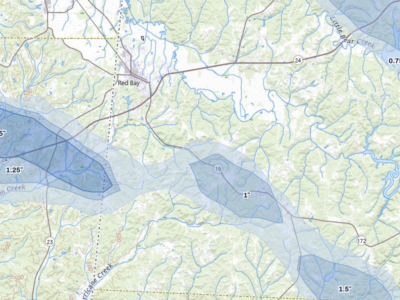 NEXRAD radar-signature map of the hail over Red Bay, AL