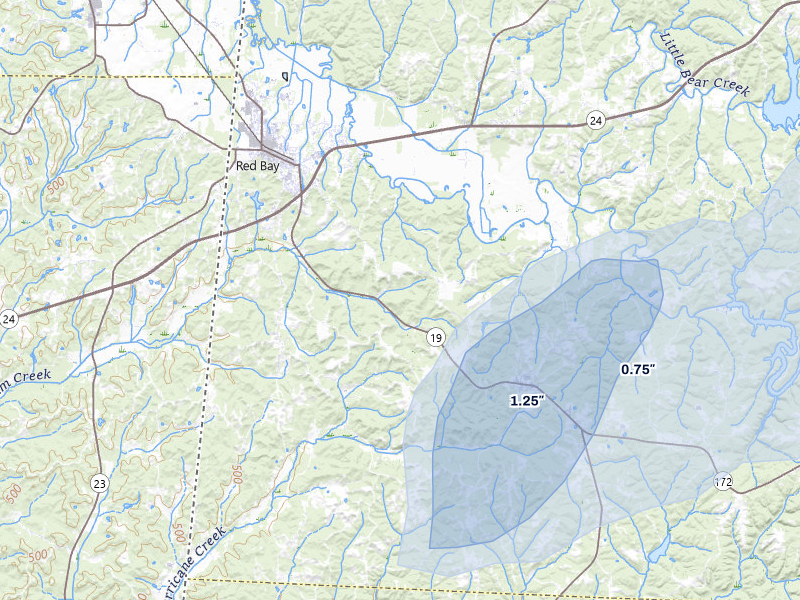 NEXRAD radar-signature map of the hail storm over Red Bay, AL on Mar 7, 2026