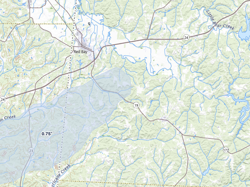 NEXRAD radar-signature map of the hail over Red Bay, AL