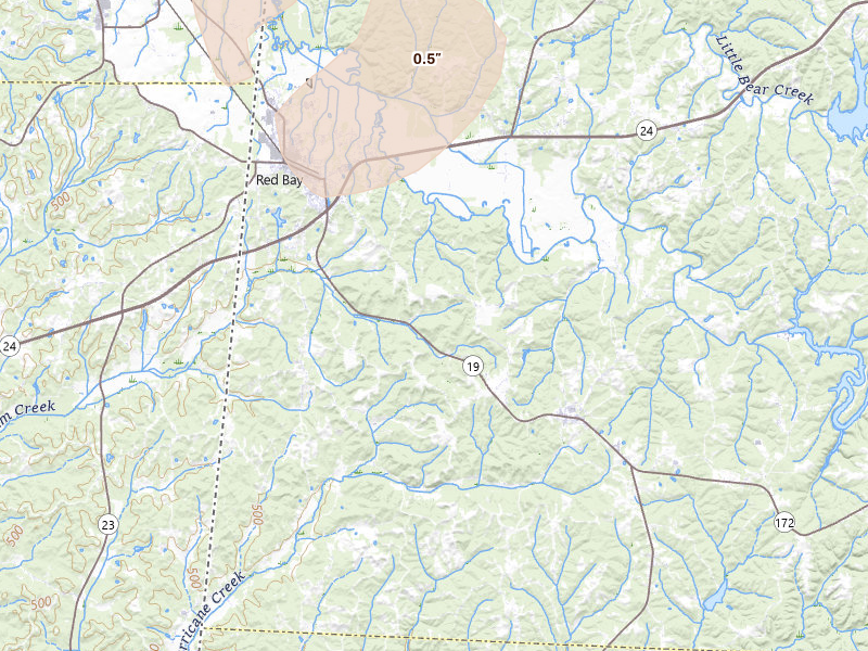 Radar-estimated hail-size map of the storm over Red Bay, AL on Jun 1, 2026