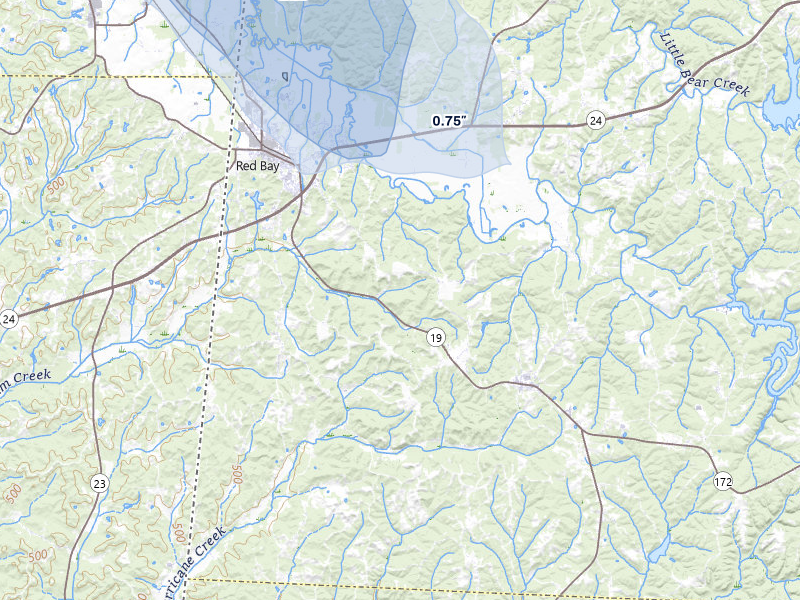 NEXRAD radar-signature map of the hail over Red Bay, AL