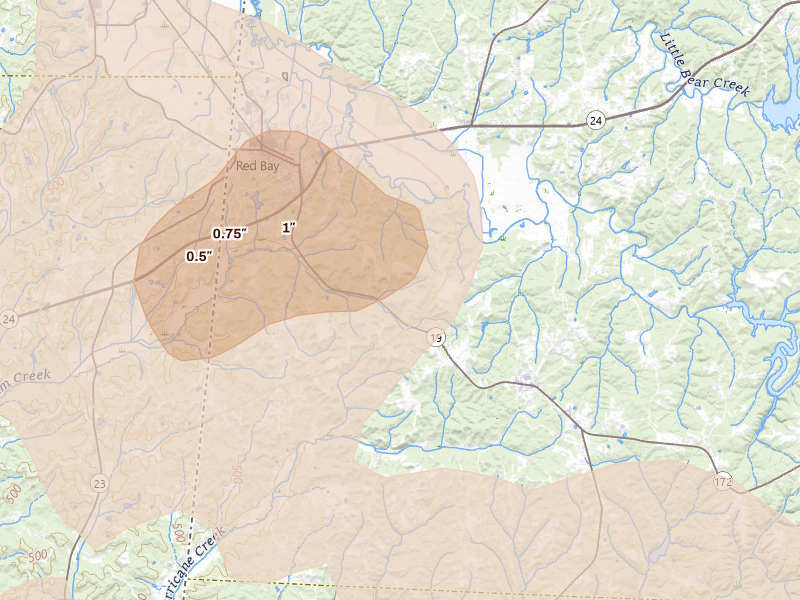 Radar-estimated hail-size map of the storm over Red Bay, AL on Jul 1, 2026
