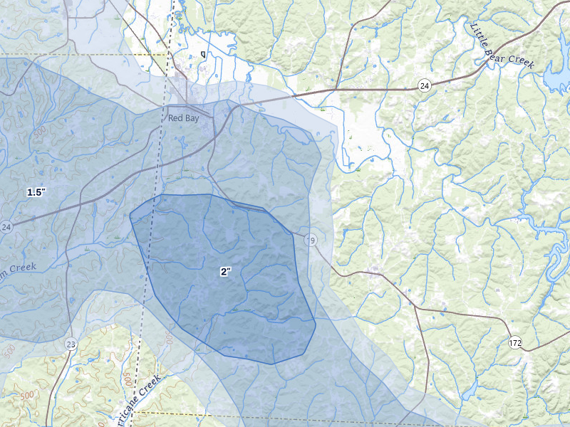 NEXRAD radar-signature map of the hail over Red Bay, AL