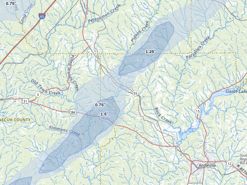 NEXRAD radar-signature map of the hail over Red Level, AL