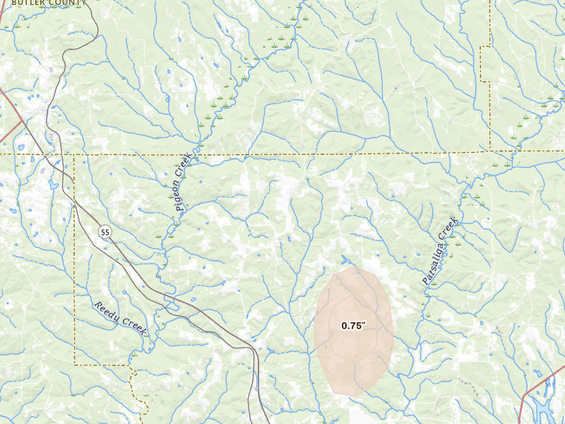 Radar-estimated hail-size map of the storm over Red Level, AL on Aug 18, 2026