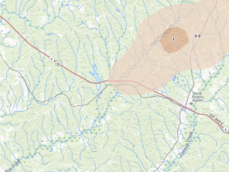 Radar-estimated hail-size map of the storm over Reform, AL on Apr 29, 2026