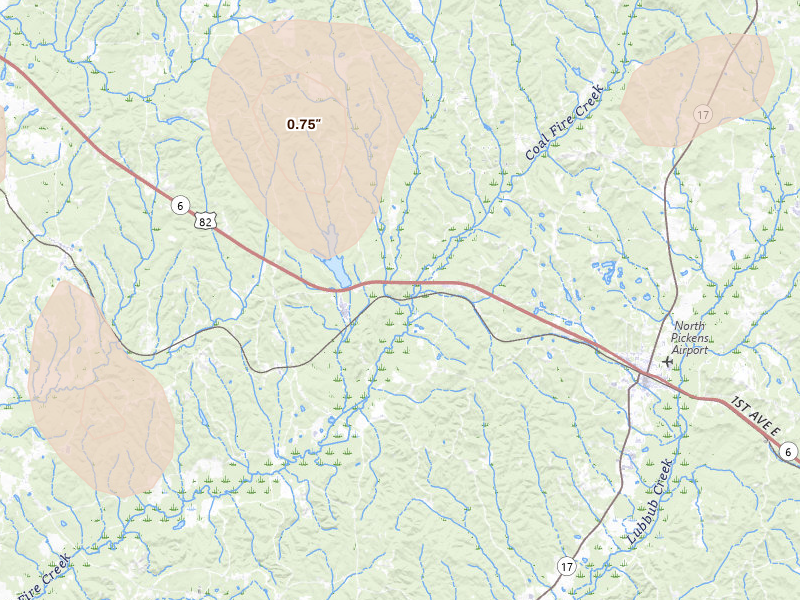 Radar-estimated hail-size map of the storm over Reform, AL on Jun 1, 2026