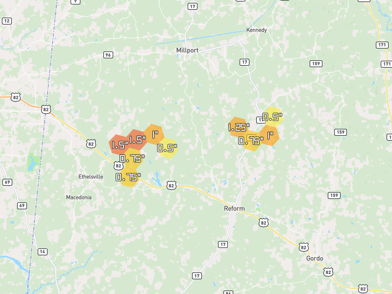 Hail map of Reform, AL on Jun 1, 2026, hail up to 1.5"