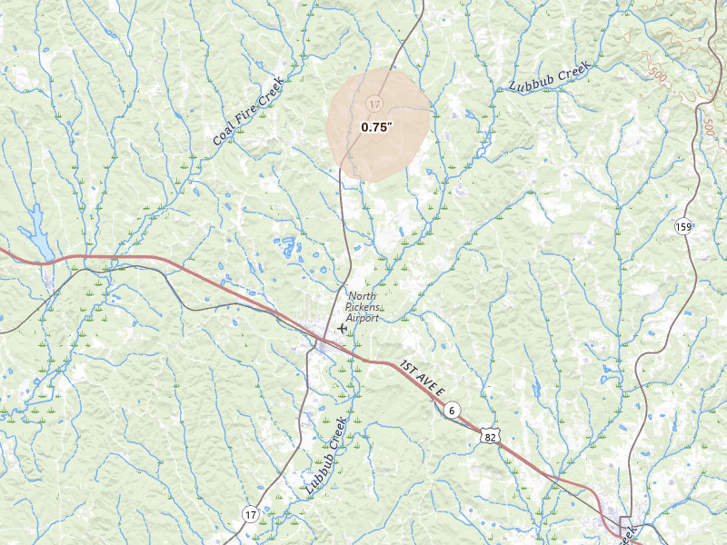 Radar-estimated hail-size map of the storm over Reform, AL on Aug 8, 2026
