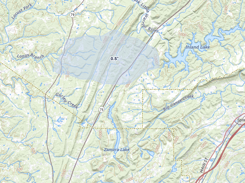 NEXRAD radar-signature map of the hail storm over Remlap, AL on May 31, 2026