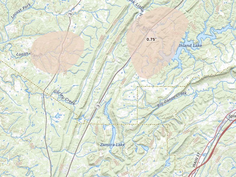 Radar-estimated hail-size map of the storm over Remlap, AL on Jul 3, 2026
