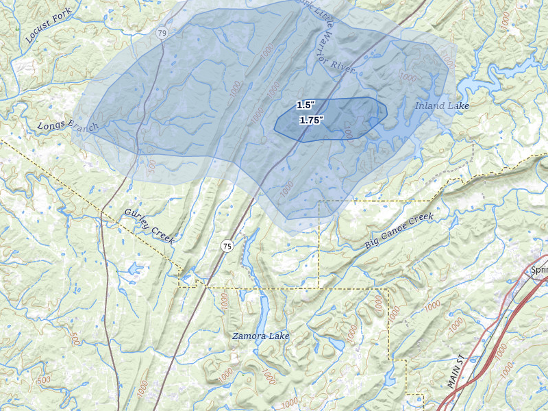 NEXRAD radar-signature map of the hail storm over Remlap, AL on Jul 3, 2026