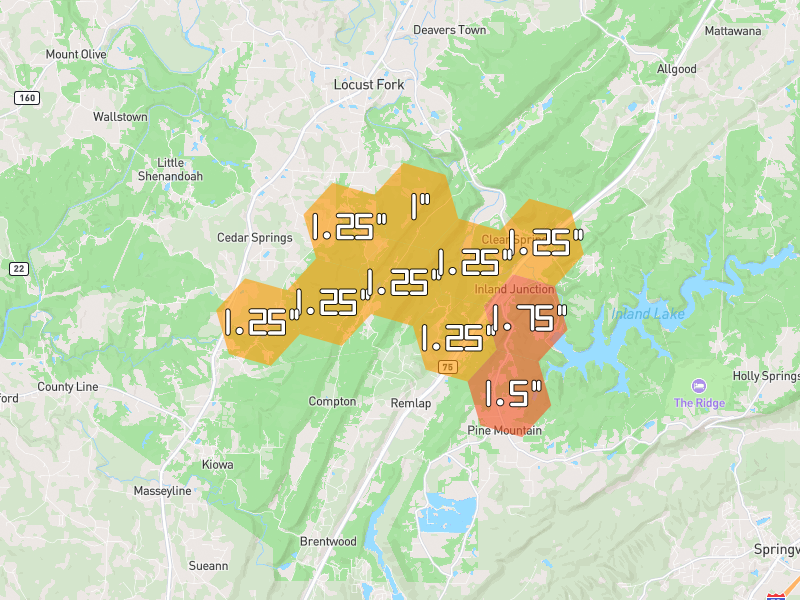 Hail map of Remlap, AL on Jul 3, 2026, hail up to 1.75"