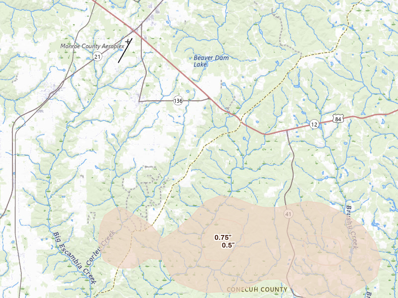 Radar-estimated hail-size map of the storm over Repton, AL on May 6, 2026