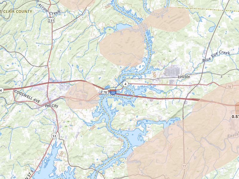 Radar-estimated hail-size map of the storm over Riverside, AL on Jul 1, 2026