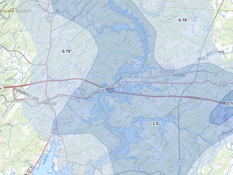 NEXRAD radar-signature map of the hail over Riverside, AL