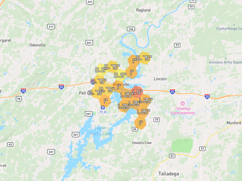 Hail map of Riverside, AL on Jul 1, 2026, hail up to 1.5"