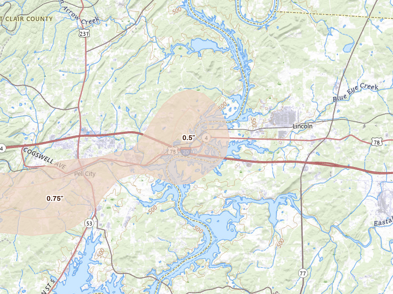 Radar-estimated hail-size map of the storm over Riverside, AL on Jul 2, 2026