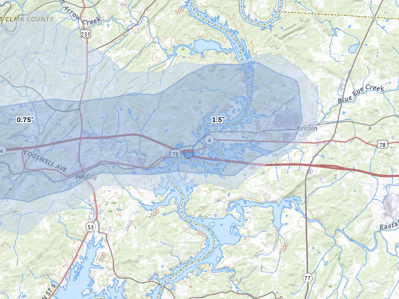 NEXRAD radar-signature map of the hail over Riverside, AL