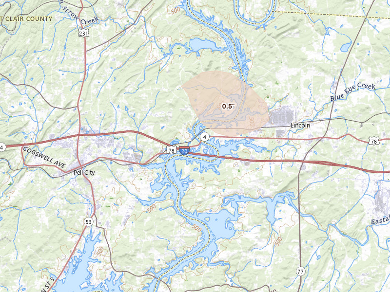 Radar-estimated hail-size map of the storm over Riverside, AL on Aug 1, 2026