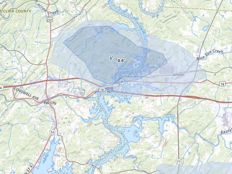 NEXRAD radar-signature map of the hail storm over Riverside, AL on Aug 1, 2026