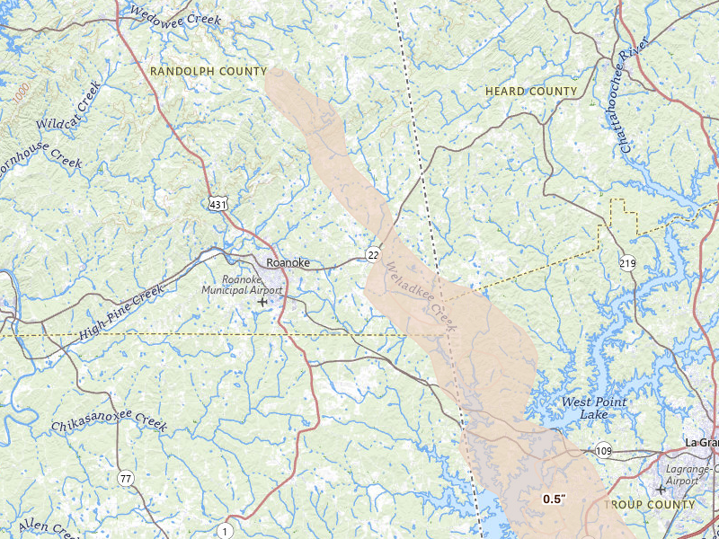Radar-estimated hail-size map of the storm over Roanoke, AL on Jun 1, 2026