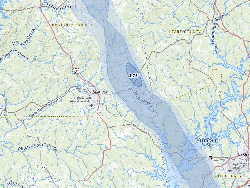 NEXRAD radar-signature map of the hail storm over Roanoke, AL on Jun 1, 2026