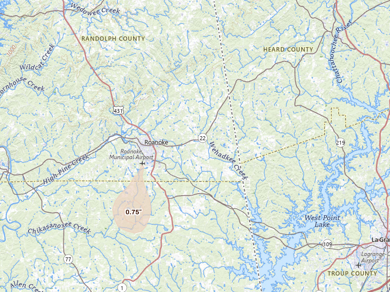 Radar-estimated hail-size map of the storm over Roanoke, AL on Jul 7, 2026