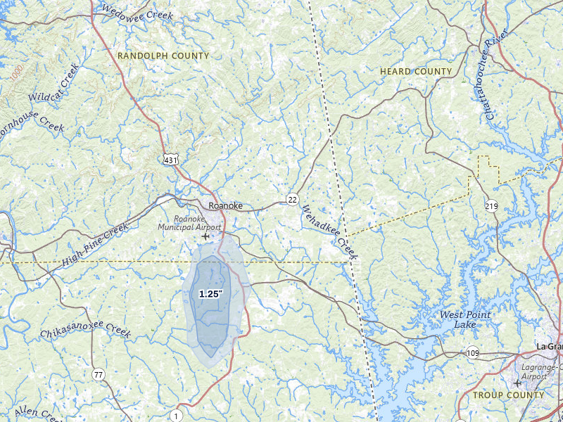 NEXRAD radar-signature map of the hail storm over Roanoke, AL on Jul 7, 2026