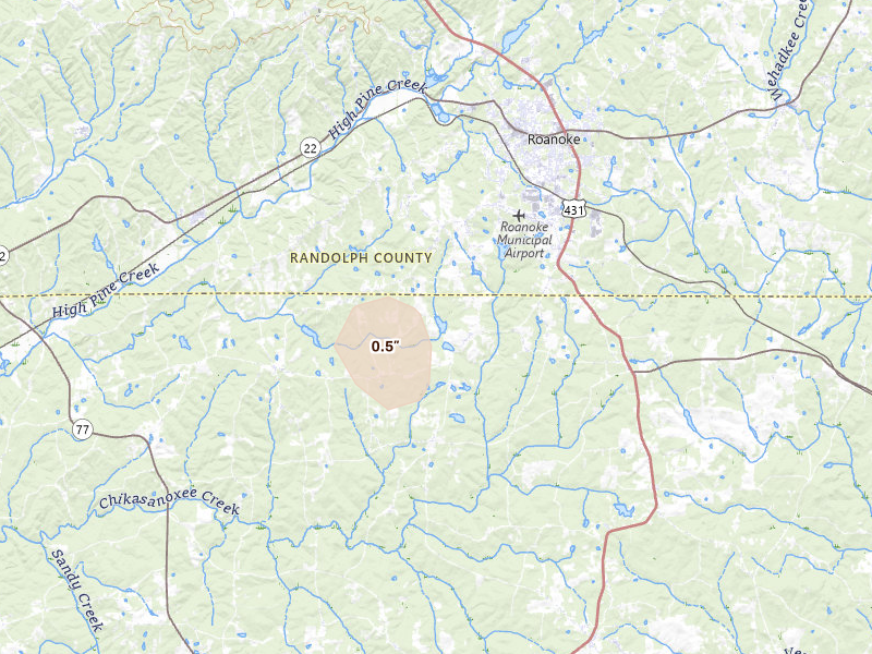 Radar-estimated hail-size map of the storm over Roanoke, AL on Aug 14, 2026